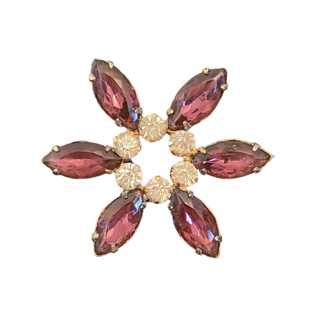 Vintage Purple & Clear Rhinstone Floral Daisy Brooch Pin Accessory